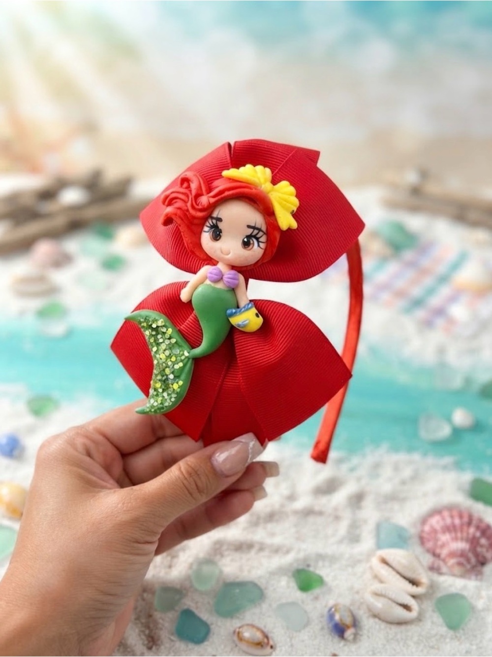 Custom clay Cute Red Mermaid Bow Headband for Kids - Charming Hair Accessory